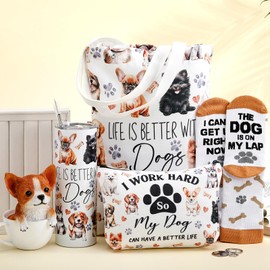 Geiserailie 5Pcs Best Dog Mom Gifts for Women Dog Lover Mothers Day Gifts Set 20oz Stainless Tumbler Canvas Tote Bag Cosmetic Bag for Birthday Mother's Day Christmas Xmas Valentines Day Party