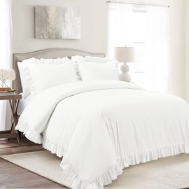 Lush Decor Reyna Ruffle 100% Cotton Duvet Cover Set - 3 Piece Cozy Ruffled Bedding Set - Timeless Elegance and Comfort - Full/ Queen, Pure White