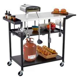GarveeLife Outdoor Grill Table Cart with 4 Wheels, Stainless Steel Pizza Oven Tables for Outside, Movable Prep Table Cooking Station, Multifunctional Cart Metal Work Table (Side Table+ Storage Rack)