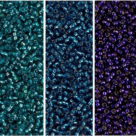 Set of 3 Colors, 24.6GM - Miyuki Seed Beads Size 15/0, Silver Lined Teal, Blue Zircon & Dark Purple, Each in a 2 Inch, 8.2 Gram Tube
