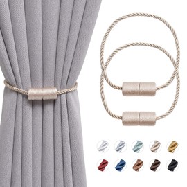 Pretty Jolly 2 Pack Magnetic Curtain Tiebacks 16 Inch Handmade Weave Side Rope Curtain Holdbacks Convenient Decorative Cylinder Curtain Drape Tie Backs for Home & Office Window Drapery (Beige)