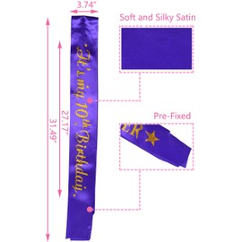 10th Birthday Gifts for Girl, 10th Birthday Tiara and Sash Purple, HAPPY 10th Birthday Party Supplies, It’s my 10th Birthday Satin Sash and Crystal Tiara Birthday Crown for 10th Birthday Party Supply