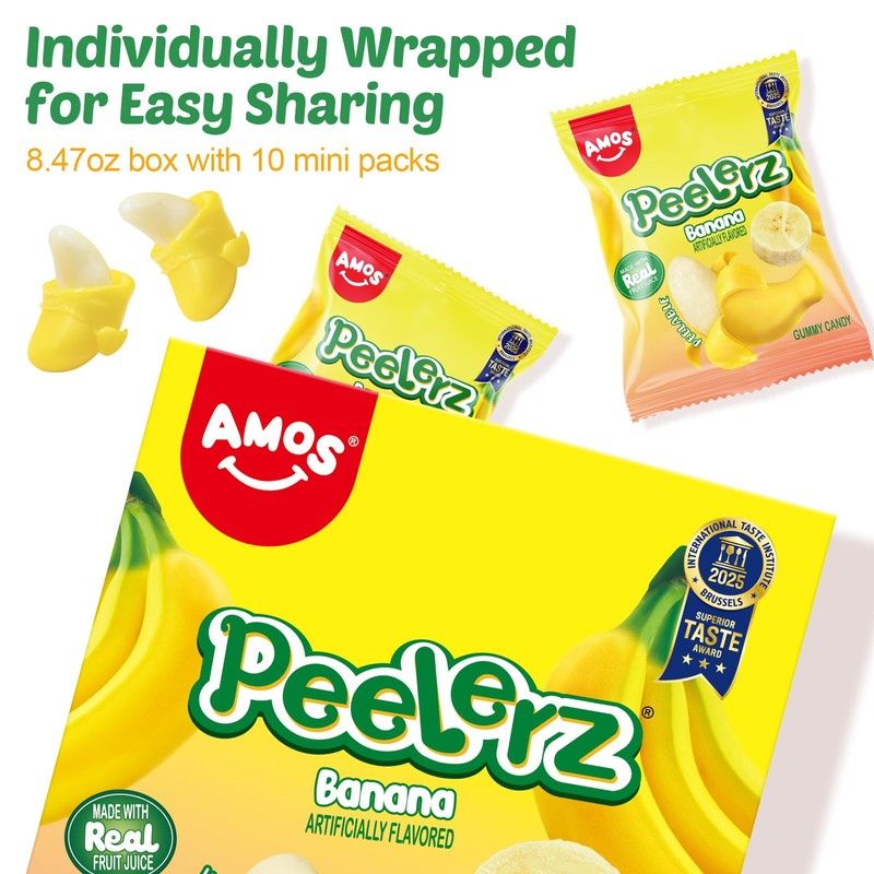 AMOS Peelerz Banana Gummy Candy, Peelable Fruit-Shaped Candy, 8.47oz Box
