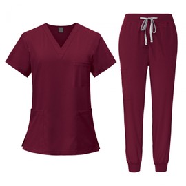 YIJU Female Scrub Set Nurse Workwear V Neckline Professional Machine Washable Top and Joggers Pant Work Clothing for Beauty Center, Red, M