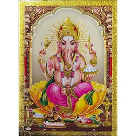 Rastogi Handicraft Best Of Indian Reprint Hindu God Poster/Picture with Golden Foil Unframed (Blessing-Ganesh-Ji-7"X5")