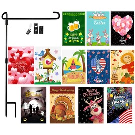 12 Pack Garden Flag Stand/Pole/Holder Outdoor-Double Sided Seasonal Garden Flag Sets for Outside Flags 12 x 18 Inch Burlap Small Garden Yard Decorative Flags 1 Pack Flag Stand for All Seasons