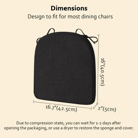 ELFJOY Chair Cushions for Dining Chairs Non-Slip Kitchen Chair Cushions Set of 2 Seat Cushion with Ties for Indoor Kitchen Dining Office Black