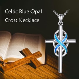 POPLYKE Blue Opal Cross Necklace for Women 925 Sterling Silver Celtic Cross Necklace Infinity Christian Jewelry 18+2"