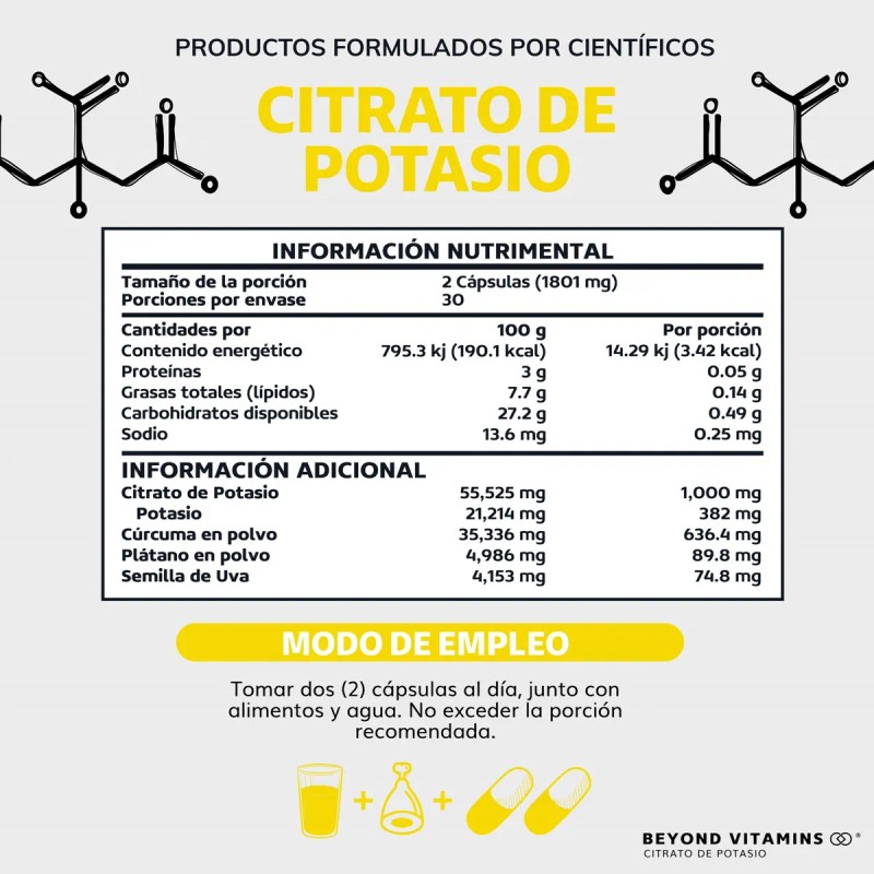 Citrato De Potasio 1000mg Con Platano En Polvo, Curcuma (curcuminoides)