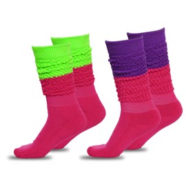 Rthjsfj 2 Pairs Women's Slouch Neon 80s 90s Scrunch Socks Extra Long Knitted Stacked Knee High Socks