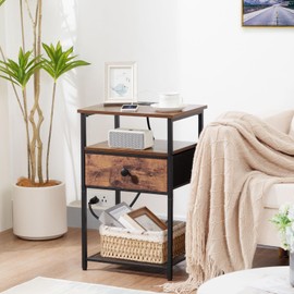 LOAKEKEL Night Stand Set 2, Nightstand with Charging Station, Bedside Table with Fabric Drawer for Small Spaces, Side Tables with Storage Shelf for Bedroom, Rustic Brown HETS010PBR