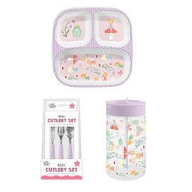 Kids Fairy Garden Dining Set, 3 Section Plate, 450ml Bottle with Straw Lid, 3 Piece Cutlery Set, Purple and Pink Whimsical Fairies, Flowers and Toadstools, Bowl, Girls