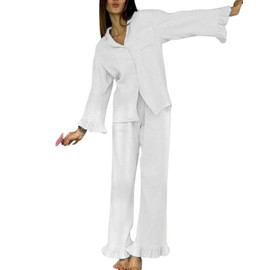 codcm Womens Muslin Pajama Set Cotton Gauze Loungewear 3 Piece Long Sleeve Button Down Sleepwear Ruffle Pj Set(White,Small)