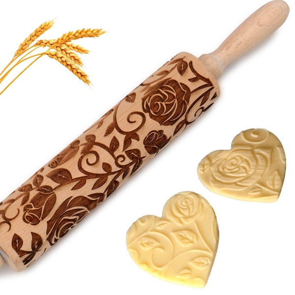 Floral Rose Embossed Rolling Pin for Baking Cookies Embossing Rolling