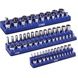 ARES 60036-3-Piece Blue Metric Magnetic Socket Organizer Set - Includes 1/4-Inch, 3/8-Inch, and 1/2-Inch Socket Holders - Holds Standard Size and Deep Size Sockets - Keeps Your Tool Box Organized