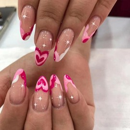 Valentine's Day Press on Nails Medium Almond Nails Press ons Rose Red Heart Fake Nails Nude Full Cover Acrylic Nails Glossy False Nails with Stars Designs Artificial Glue on Nails for Women 24 Pcs