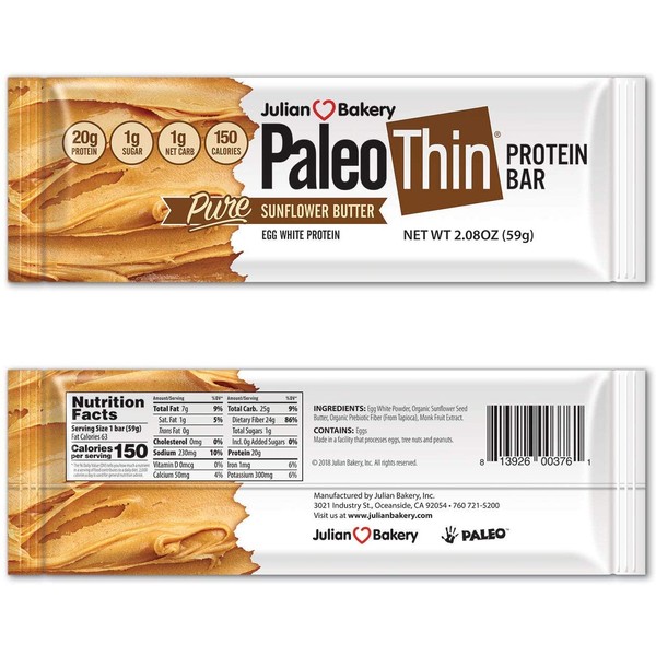 Julian Bakery Paleo Thin Protein Bar | Sunflower Butter | Egg White Protein | 20g Protein | 1 Net Carb | 12 Bars