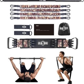 INNSTAR Gym 3.0 Portable Home Gym Training Set, Adjustable Bench Press Squat Resistance Bands with Fitness Bar, Foot Cover, Full Body Workout Fitness Equipment, All in One Gym for Home, Travel poly cord straps - Color: Camo Browm Set