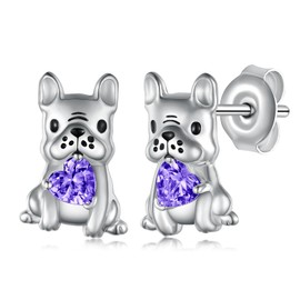 French Bulldog Earrings 925 Sterling Silver Cute Dog Stud Earrings Animal Jewelry Gifts for Women (February Birthstone)