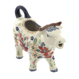 Blue Rose Polish Pottery - Red Daisy Cow Creamer - 5 oz Capacity - Ceramic Cream Pitcher in Cow Shape