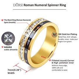 DURSI Men’s Spinner Ring for Women, Roman Numeral Stainless Steel Fidget Ring for Anxiety with Cubic Zirconia (18K Gold, 6)