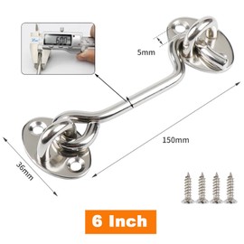 Cabin Hook Door Latch Lock, 2 Pieces Stainless Steel Eye Latch for Barn Door Gate Latch, French Door Catch (Silver, 6")