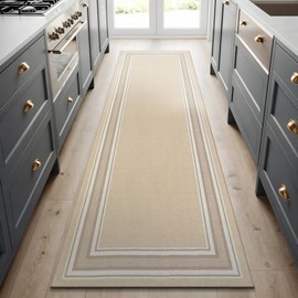 Beverly Rug Non Slip Area Rugs 2x7 Modern Bordered Non Skid Rubber Backing Soft Runner Rug for Living Dining Room Easy to Clean Non Shedding Kitchen Bedroom Indoor Carpet 2 x 7 Beige