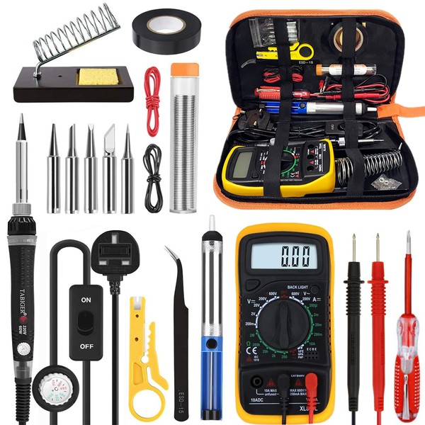Tabiger Soldering Iron Kit, Soldering Kit with LCD Digital Multimeter, 60W Soldering Iron with 5 Extra Tips, Stand, Desoldering Pump, Solder, Wire Stripper Cutter, Tweezers, Tape, Tool Bag