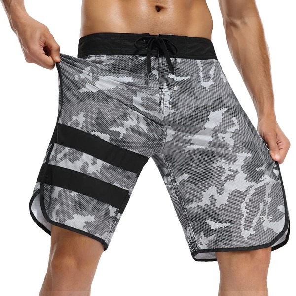 Nonwe Men's Beach Boardshorts Swimming Suits with Pockets Printed Black&Grey
