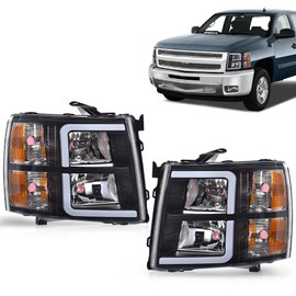 G-PLUS LED DRL Tube Projector Headlights W/o Bulbs Compatible with Chevy Silverado 1500 2007-2013/Fit Silverado 2500 HD 3500 HD 2007-2014 Clear Lens Black Housing Amber Reflector