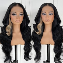 MITIMES Skunk Stripe Wig Glueless Lace Front Wigs Pre Plucked Synthetic Body Wave Black And Blonde Wig Wear And Go Lace Front Wig For Women