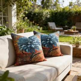 Soft Decorative Chenille Rust and Blue Throw Pillow Covers 22x22 Set of 2 Vintage Abstract Flower Pillow Case for Couch Sofa Bedroom Living Room Home Decor Accent Pillows