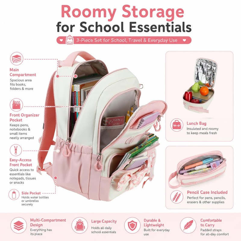 CAMTOP Girls Backpack with Lunch Box & Pencil Case Set,