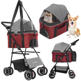 CHIHUAHUA 2-in-1 Foldable Pet Stroller with Canopy, 4 Wheels Pet Strolling Cart for Small/Medium Dogs and Cats with Removable Carrier,Breathable Mesh,Mom Tote Bag,Cup Holders,Easy Assembly,Grey+Red