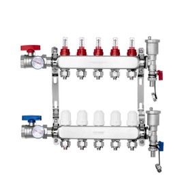 VEVOR 5-Branch PEX Tubing Manifold, Stainless Steel Manifold for Hydronic Radiant Floor Heating, Kit with 1/2" Adapters Included