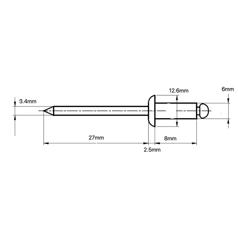 6mm x 8mm Blind Pop Rivet Dome Head Aluminium/Steel Shaft
