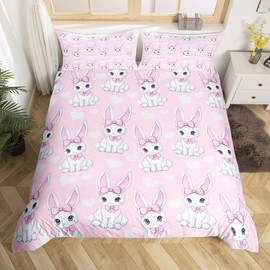 feelingyou Cute Bowknot Rabbit Duvet Cover Set Single Size,Love Heart Princess Bedding Set,Girls Women Room Decor,Kawaii Bunny Animal Rustic Easter Day Pink Quilt Cover,1 Pillowcase(No Comforter)