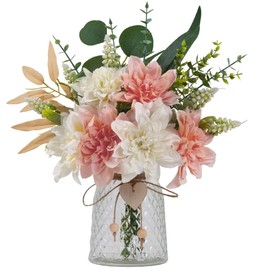 JARELING Fake Flowers with Vase Silk Flowers in Vase Dahlia Flowers Arrangement Suitable for Home Office Decoration, Dining Table Centerpiece (Dahlia-White Pink)