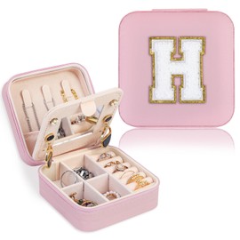 FUNARTY Travel Jewelry Case Organizer, Gifts for Women, Small Jewelry Box Jewelry Organizer, Necklace Organizer Earring Organizer Box with Mirror, Pink Travel Essentials Initial H