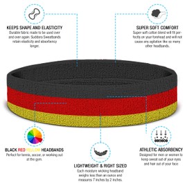 Suddora Striped Sweatband Set, Moisture Wicking 2 Wristbands and 1 Headband, Breathable Athletic Sweat Bands for Sports, Costumes & Cosplay, Matching Bands to Wear with Jersey, Black Red Yellow