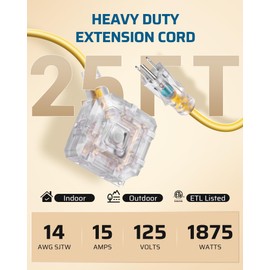 DEWENWILS 25FT Outdoor Heavy Duty Extension Cord, 14 AWG SJTW Power Cord with Dust-Proof & Waterproof Switch, 6 Outlets Transparent Plug Tail for Multiple Devices, 15A/125V/1875W, ETL Listed