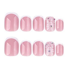 Short Press on Nails Square Fake Nails with Cute Flower Design White French Tip False Nails Full Cover Spring Stick on Nails Reusable summer Glue on Nails Nude Pink Acrylic Nails for Women 24Pcs