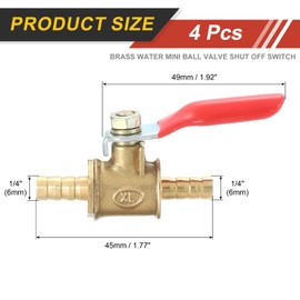 uxcell 4Pcs Brass Water Mini Ball Valve Shut Off Switch, 1/4" Hose Barb x 1/4" Hose Barb, 180 Degree Operation Handle, Brass Valve