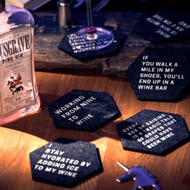 Funny Coasters with Holder | 6 Individual Sayings | Novelty Gift Set - Unique Present for Friends, Men, Women, Housewarming, Birthday, Living Room Décor | Great Gifts for Women