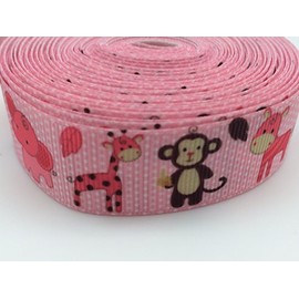 PEPPERLONELY Brand 10 Yards 22mm (7/8 Inch) Pink Safari Animal Zoo Monkey Elephant Diraffe Zebra Printed Grosgrain Ribbon