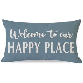 HERHOME Decorative Throw Pillow Cover 12x20 Inch Welcome to Our Happy Place Dusty Blue Outdoor Farmhouse Front Porch Patio Decor Lumbar Cushion Case Decoration for Home Living Room Sofa Couch