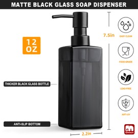 GMISUN Black Soap Dispenser, Hand Soap Dispenser Bathroom, Glass Soap Dispenser with Stainless Steel Pump, 12oz Dish Soap Dispenser for Kitchen, Modern Refillable Liquid Soap Dispenser Bottle