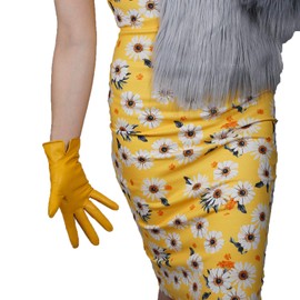 DooWay Women Real Leather Gloves Yellow Imported Goatskin Leather Wrist Short Vintage Classic Warm Driving Gloves