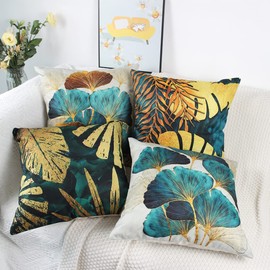 NIULAA Cushion Covers 45 x 45 Set of 4 Teal and Gold Leaves Cushion Cover 18x18 Living Room Linen Sofa Cushions Luxury Pillow Cases for Outdoor Garden
