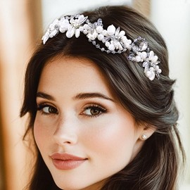 Formery Pearl Rhinestones Wedding Headband Silver Pearls Crystal Bridal Hairband Party Prom Handmade Crystal Flower Bride Headpiece for Women and Girls